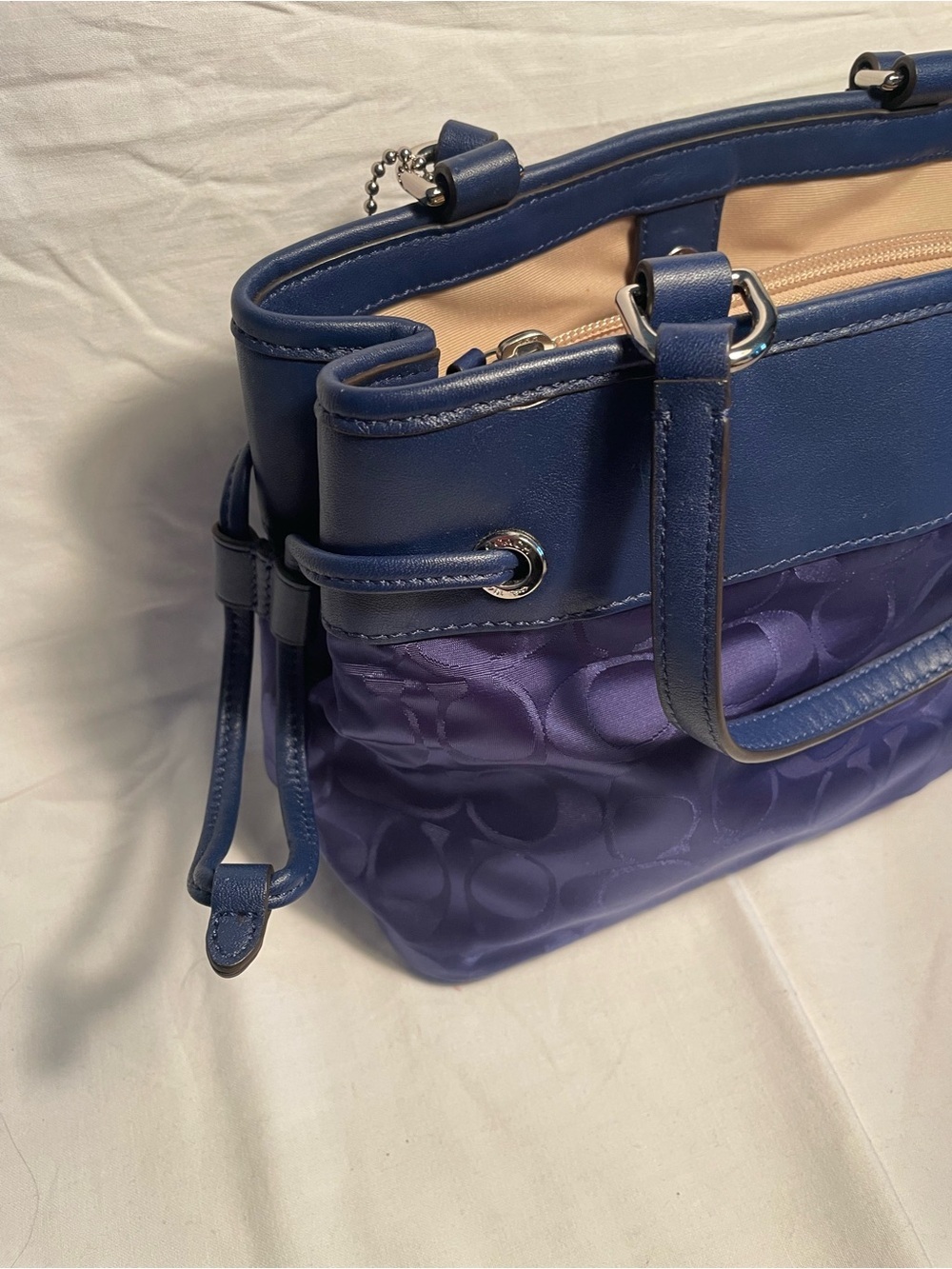 Coach Blue Signature Shoulder Purse / Hand Bag with Leather Trim - Picture 4 of 15